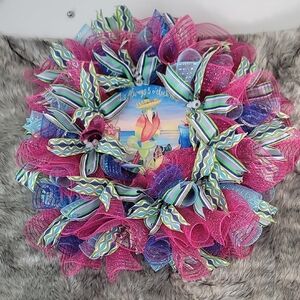 Handmade "it's always 5 o'clock here" colorful Pink and Blue Mesh Wreath